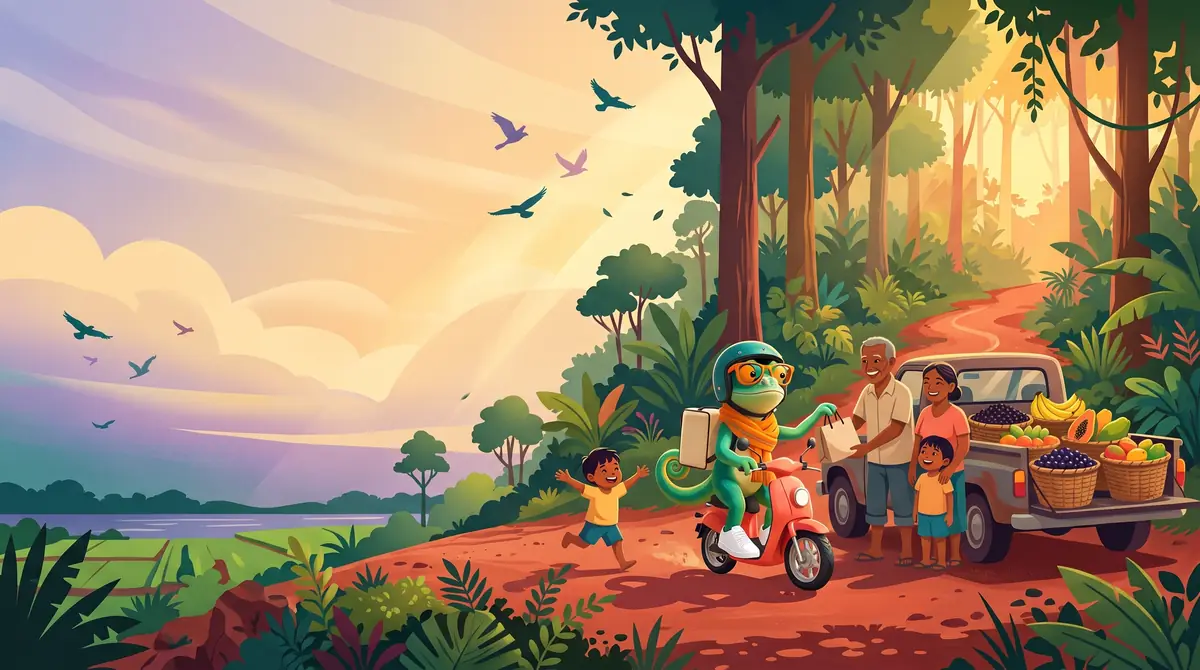 Ilustração de estrada entre campo e floresta, em Mojuí dos Campos