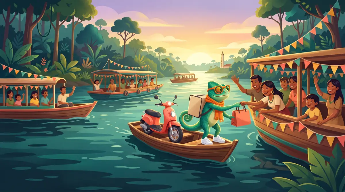 Ilustração de barcos no rio Trombetas, em Oriximiná