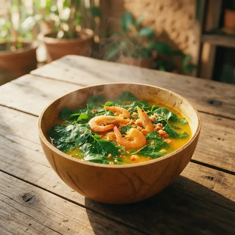Cuia de tacacá com jambu e camarão