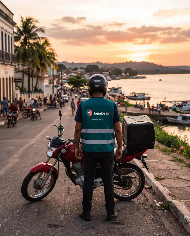 Entregador parceiro com colete do Tapajós Já ao lado da moto, na orla