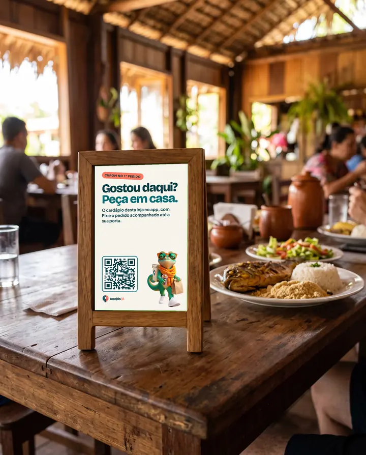 Mesa de restaurante com plaquinha do Tapajós Já: Gostou daqui? Peça em casa