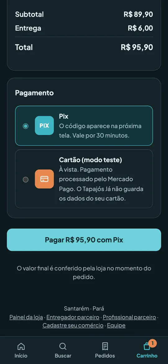 Tela de pagamento com as opções Pix e cartão