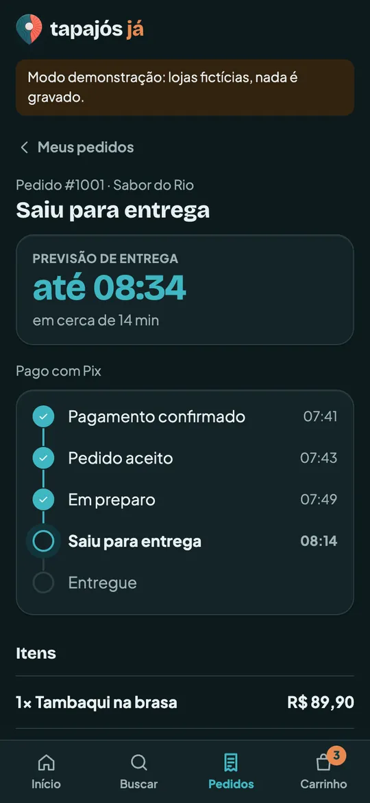 Tela de acompanhamento do pedido, etapa por etapa