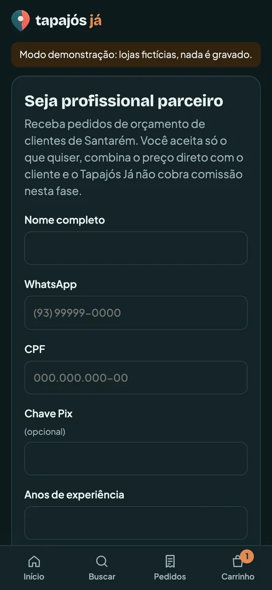 Tela de cadastro de profissional parceiro no app